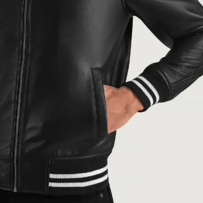 Men'S Black Leather Varsity Zip-Up Jacket Close View