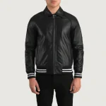 Men's Black Leather Varsity Zip-Up Jacket Front View