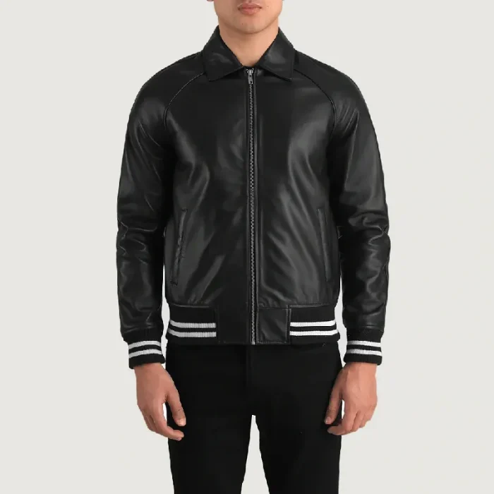 Men'S Black Leather Varsity Zip-Up Jacket Front View