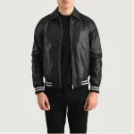 Men's Black Real Leather Collared Varsity Jacket