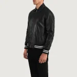 Men's Black Leather Varsity Zip-Up Jacket Side View