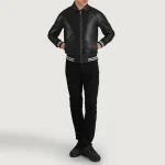 Men's Black Leather Varsity Zip-Up Jacket Wearing Look