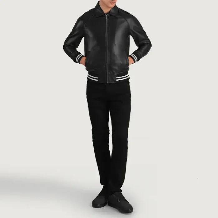 Men'S Black Leather Varsity Zip-Up Jacket Wearing Look