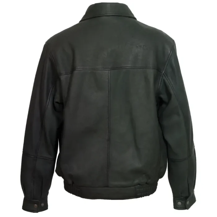 Men'S Black Leather Zip Up Blouson Jacket Back View