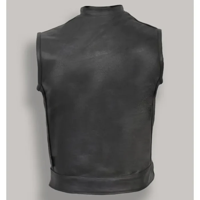 Men'S Black Leather Zip-Up Vest Back View