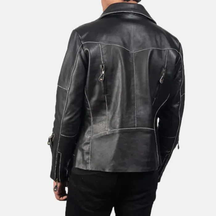 Men'S Black Cowhide Leather Zip-Up Biker Jacket Back View