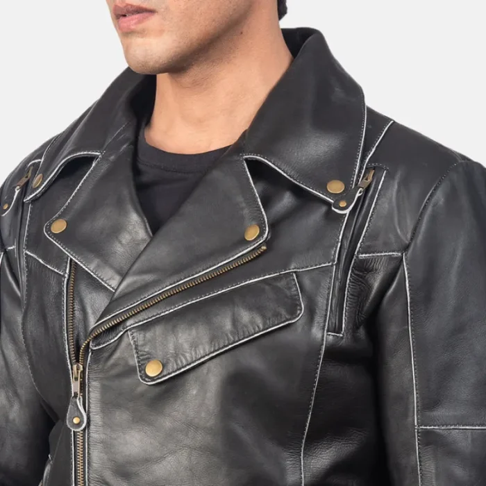 Men'S Black Cowhide Leather Zip-Up Biker Jacket Close View