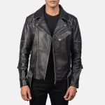 Men's Black Cowhide Leather Zip-Up Biker Jacket Front View