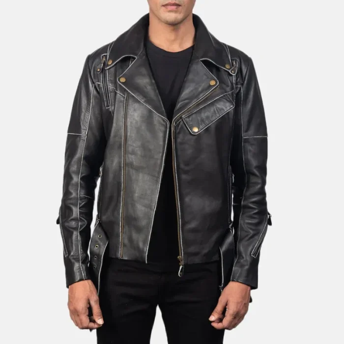 Men'S Black Cowhide Leather Zip-Up Biker Jacket Front View