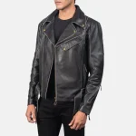Men's Black Cowhide Leather Zip-Up Biker Jacket Side