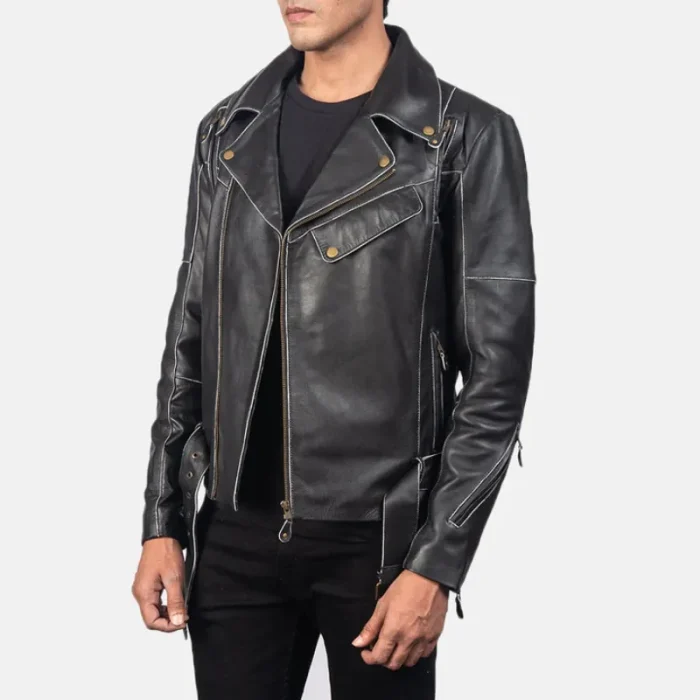 Men'S Black Cowhide Leather Zip-Up Biker Jacket Side