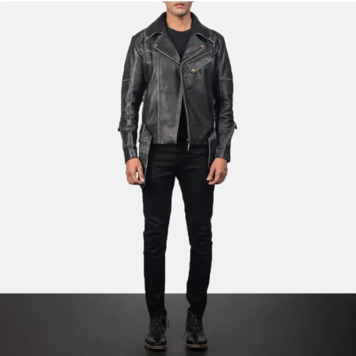 Men'S Black Cowhide Leather Zip-Up Biker Jacket Look