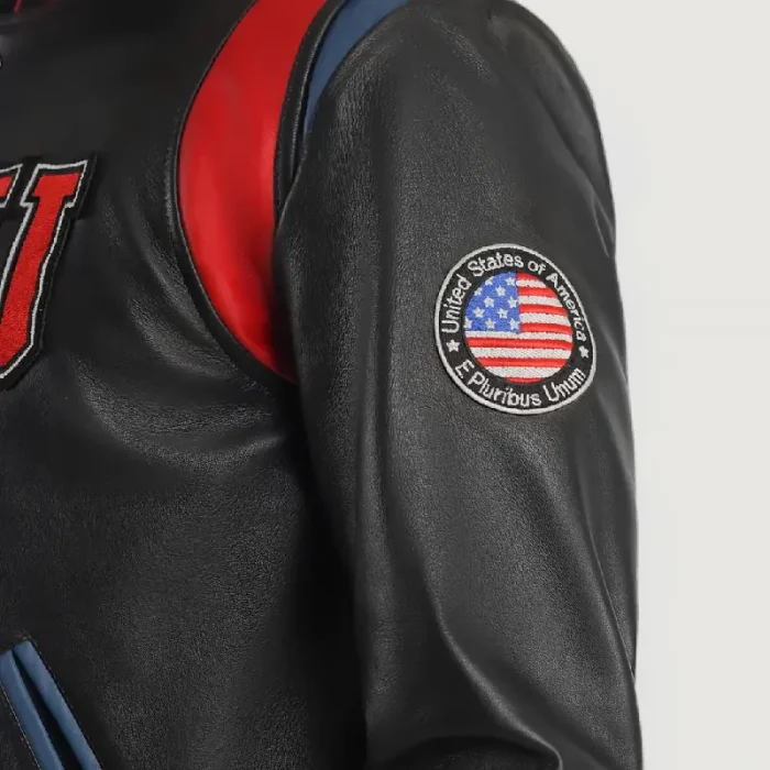 Men'S Black Liberte Usa Varsity Leather Jacket Close