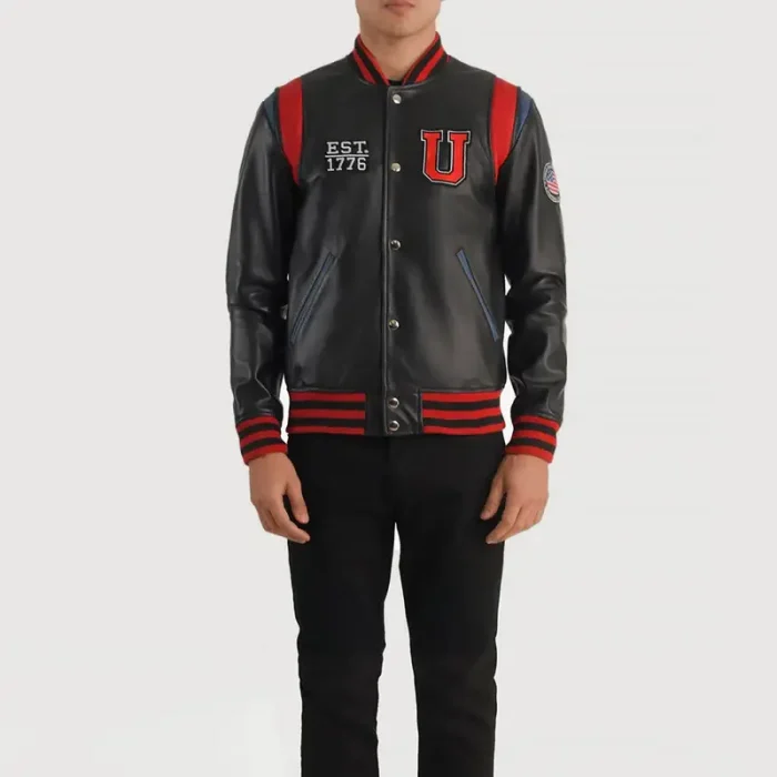 Men'S Black Liberte Usa Varsity Leather Jacket Front