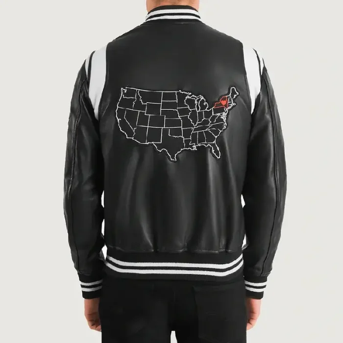 Men'S Black/White Leather New York Varsity Jacket Back