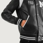 Men's Black/White Leather New York Varsity Jacket Close Up