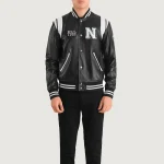 Men's Black/White Leather New York Varsity Jacket Front