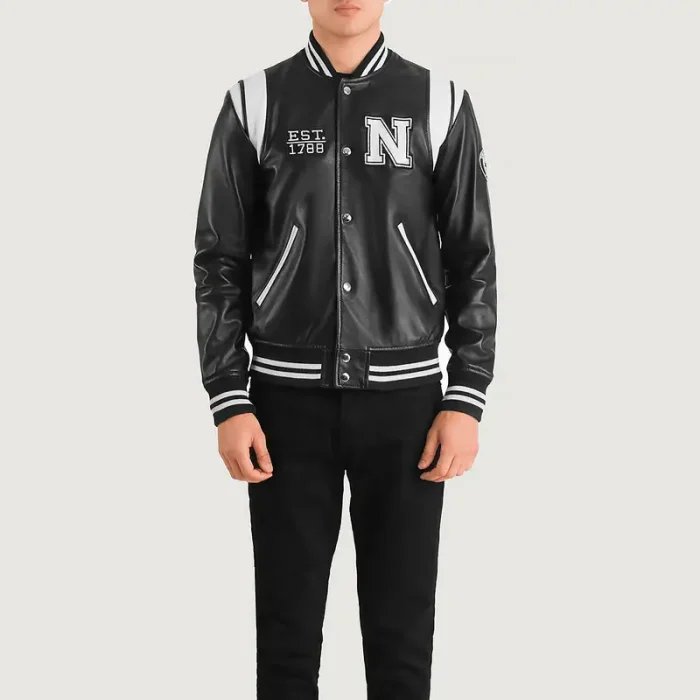 Men'S Black/White Leather New York Varsity Jacket Front