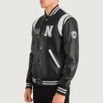 Men's Black/White Leather New York Varsity Jacket Side