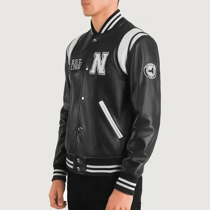 Men'S Black/White Leather New York Varsity Jacket Side