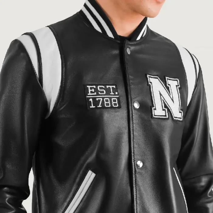Men'S Black/White Leather New York Varsity Jacket Snap Button