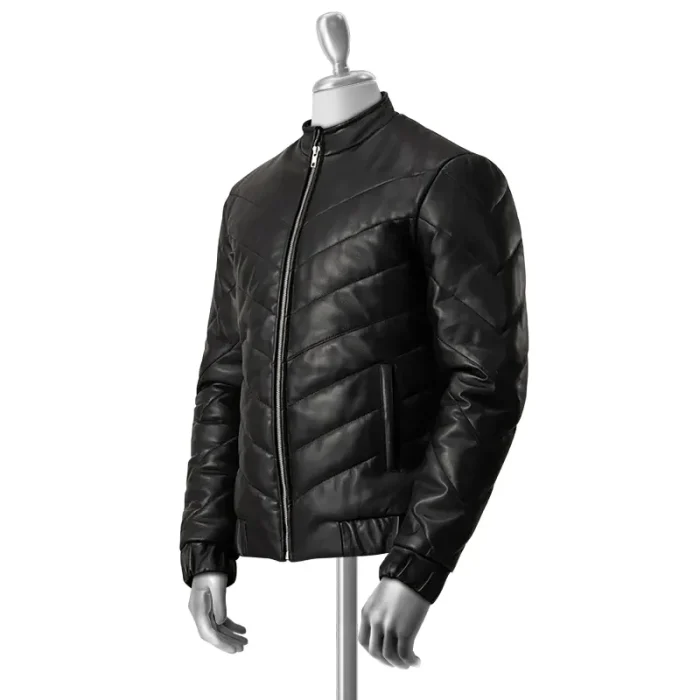 Men'S Black Llewellyn Puffer Sheepskin Leather Jacket Front View