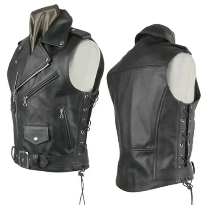 Men'S Black Moto Biker Leather Vest Front And Back View