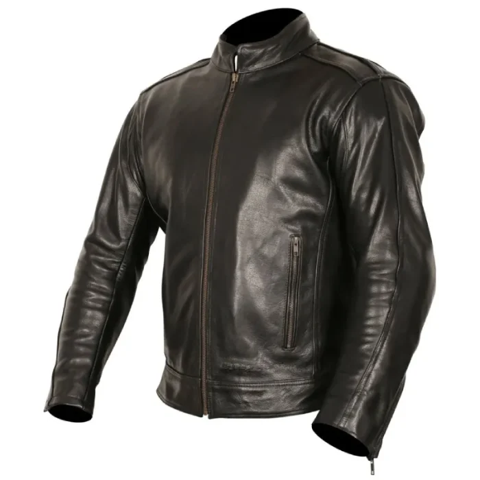 Men'S Black Motorcycle Zip-Up Buffalo Leather Jacket Side