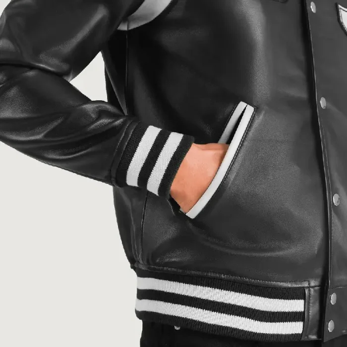 Black New Jersey Varsity Leather Jacket Close Up