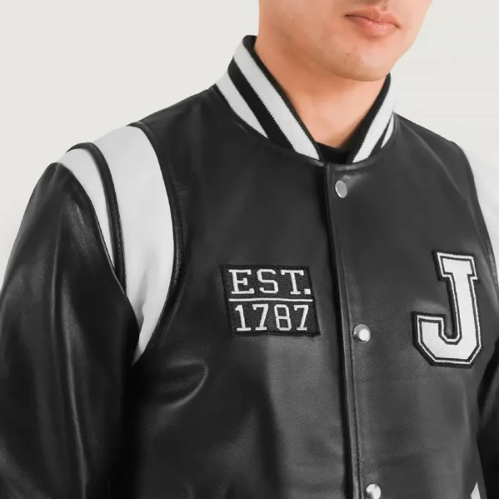 Black New Jersey Varsity Leather Jacket Side Pose