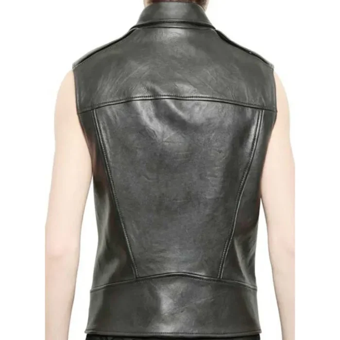 Men'S Black Premium Leather Biker Vest Back View