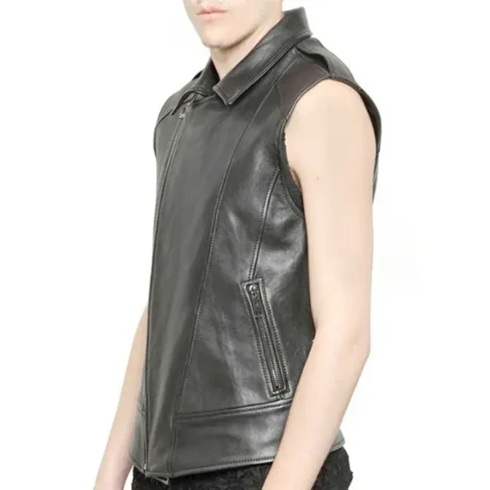 Men'S Black Premium Leather Biker Vest Side View