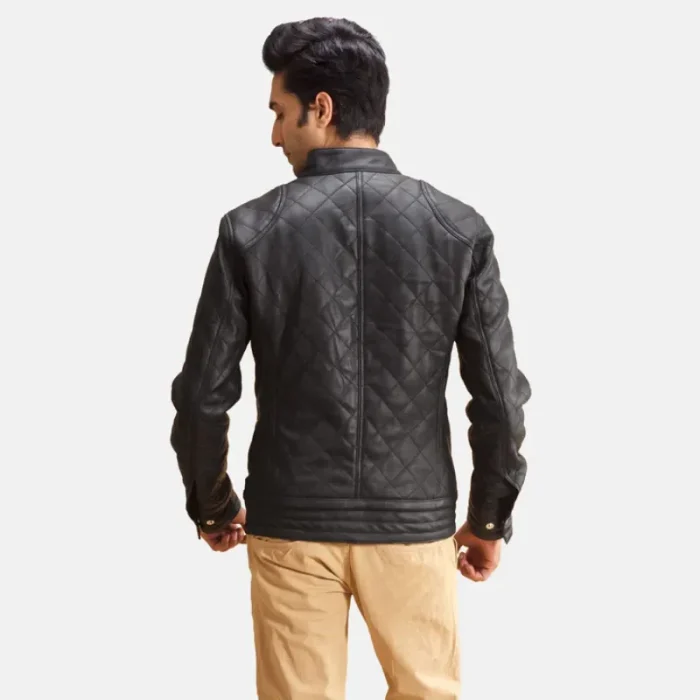 Men'S Black Quilted Leather Jacket Back View