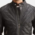 Men's Black Quilted Leather Jacket Close View