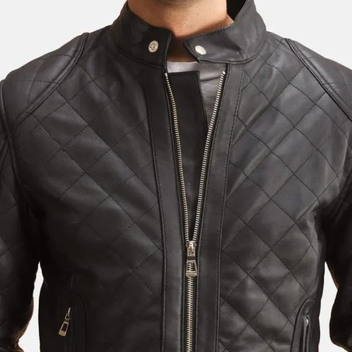 Men'S Black Quilted Leather Jacket Close View