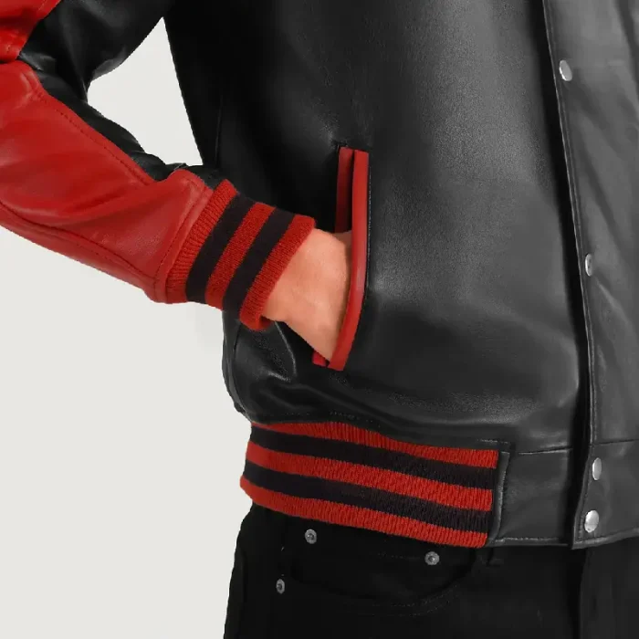 Men'S Black/Red Leather Varsity Jacket Close Up