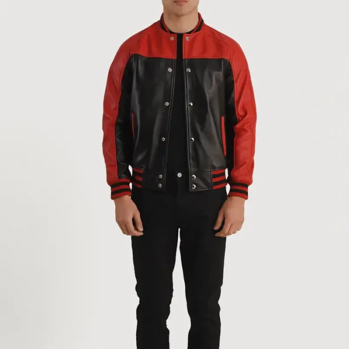 Men'S Black/Red Leather Varsity Jacket Front