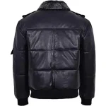 Men's Black Shearling Puffer Bomber Leather Jacket Back View