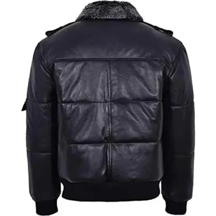 Men'S Black Shearling Puffer Bomber Leather Jacket Back View