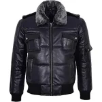 Men's Black Shearling Puffer Bomber Leather Jacket
