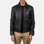 Men's Black Leather Collared Zip-Up Biker Jacket