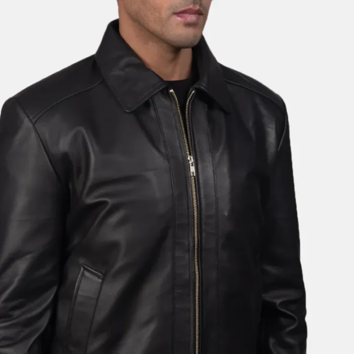 Men'S Black Sheepskin Leather Biker Jacket Close Up
