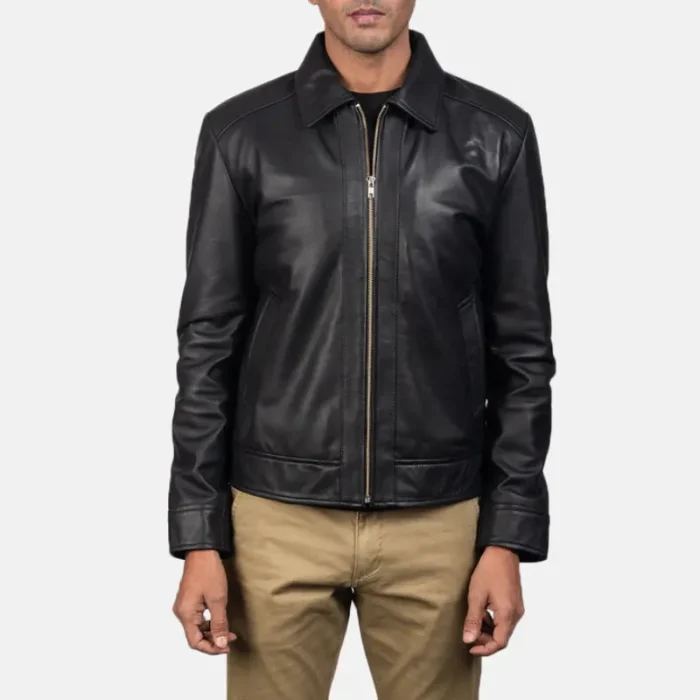 Men'S Black Sheepskin Leather Biker Jacket Front