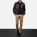 Men's Black Sheepskin Leather Biker Jacket Wearing Look