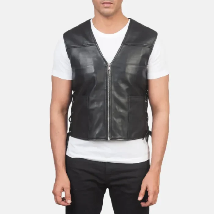 Men'S Black Sheepskin Leather Vest Front