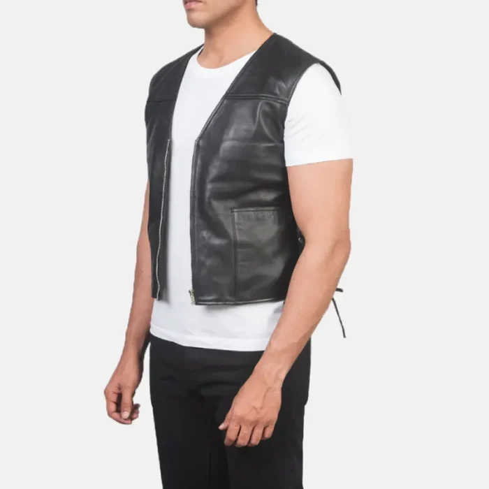 Men'S Black Sheepskin Leather Vest Side View