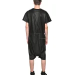 Men's Black Short Sleeves Zippered Leather Jumpsuit Back