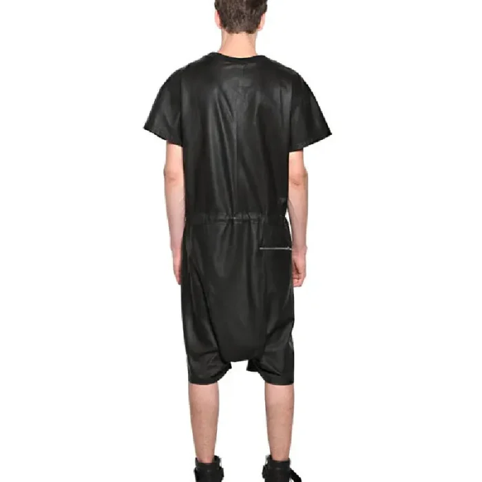 Men'S Black Short Sleeves Zippered Leather Jumpsuit Back