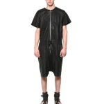 Men's Black Short Sleeves Zippered Leather Jumpsuit
