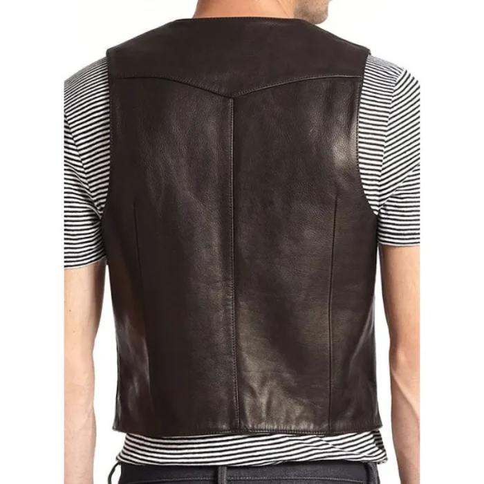 Men'S Black Slim Fit Biker Leather Vest Back View